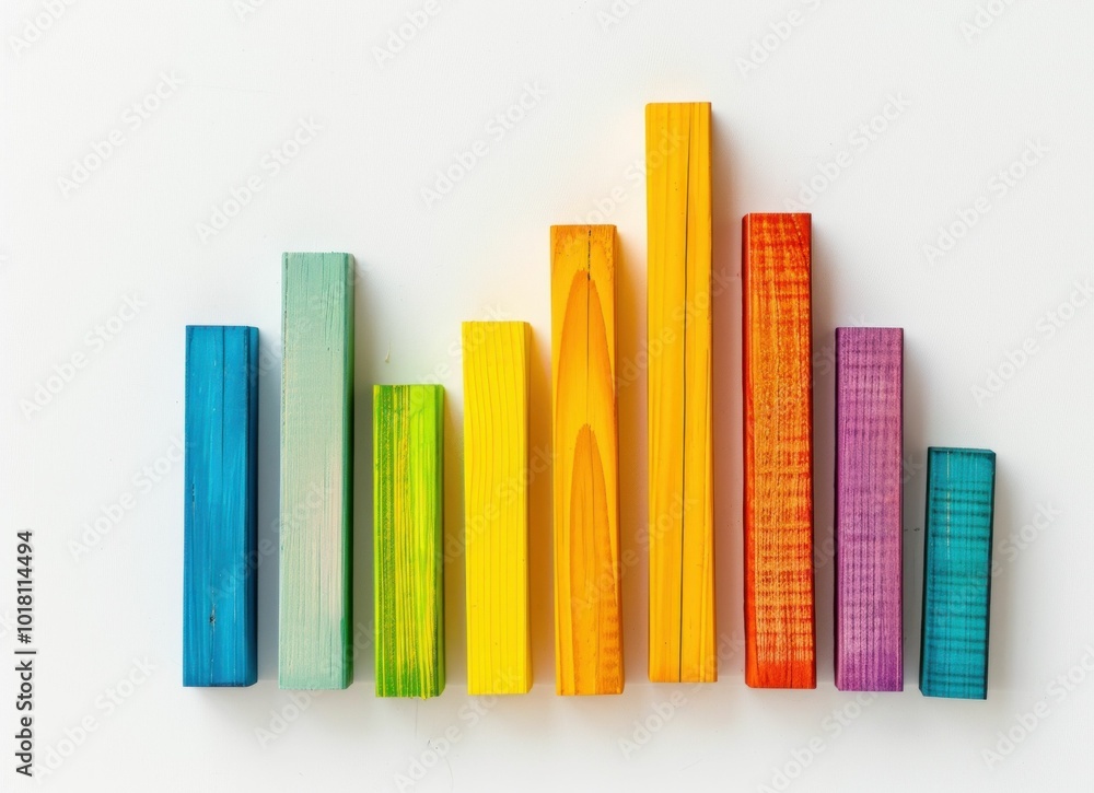 Colorful wooden blocks arranged in bars on a white background, ideal for educational and artistic concepts like creativity and learning through play