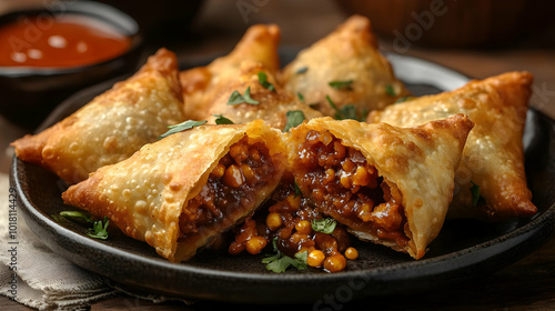 A plate of crispy samosas filled with spiced lentils and herbs.