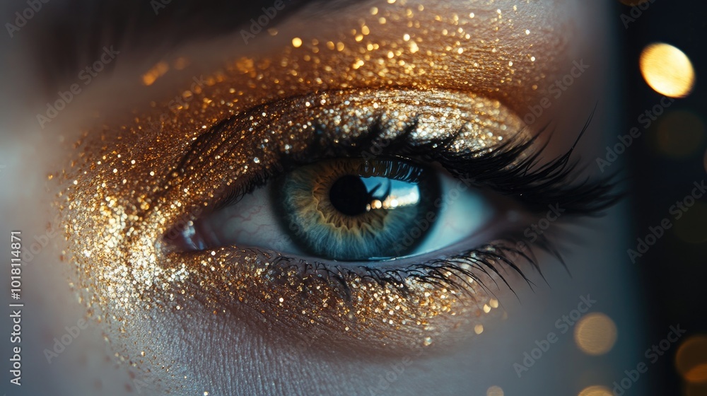 A macro shot of a woman's eye with a glittering gold eyeshadow and precise black eyeliner, capturing the intricate detail of her makeup. A macro shot of a woman's eye with a glittering gold eyeshadow and precise black eyeliner, capturing the intricate detail of her makeup.