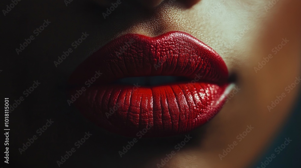 A macro shot of a woman's lips, coated in a rich, matte red lipstick, capturing the smooth texture and vibrant color. A macro shot of a woman's lips, coated in a rich, matte red lipstick, capturing the smooth texture and vibrant color.