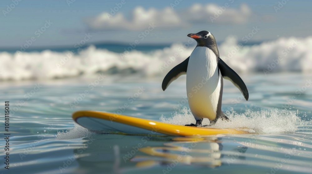 Fototapeta premium Adventurous Penguin Surfing in the Ocean at Sunset