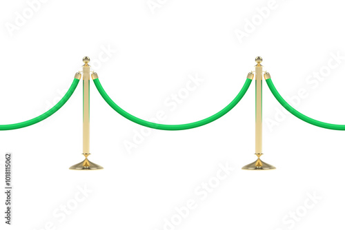 Barriers with green rope, seamless line. Realistic image of golden stanchion poles, velvet rope. PNG isolated on transparent background and vector illustration