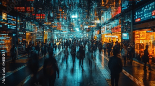 Surveillance capture of busy public transport area illuminated by neon lights at night