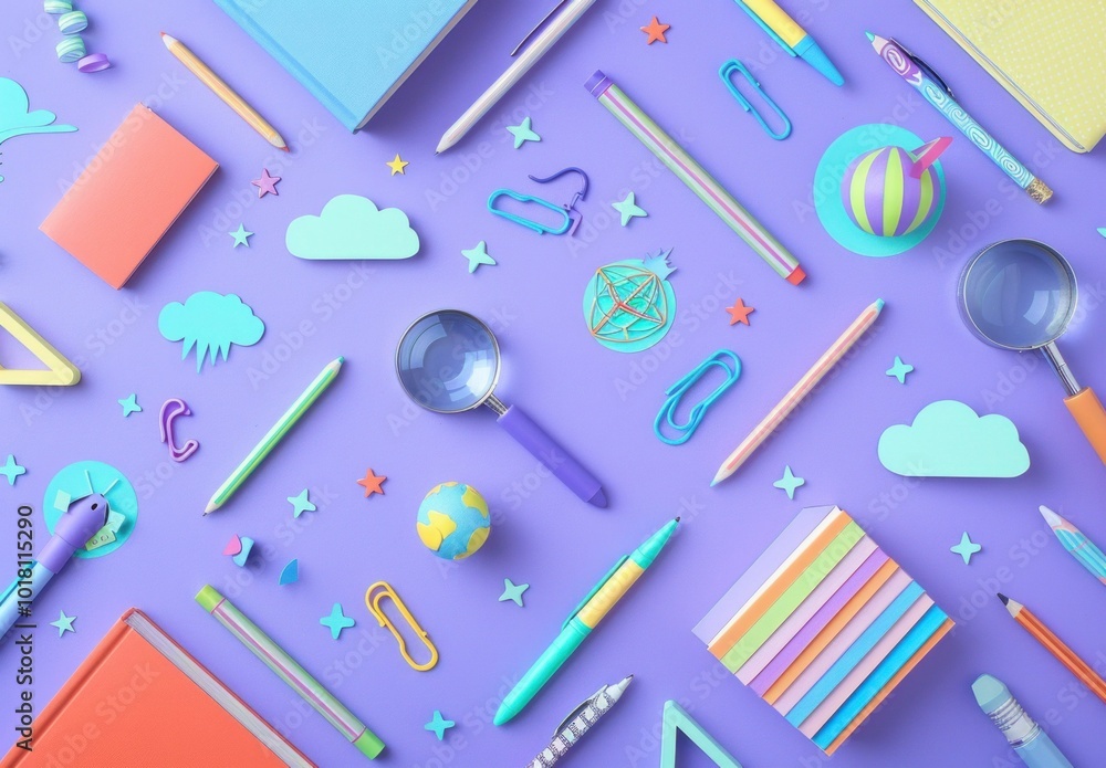 Colorful stationery and creative tools arranged on a purple background, featuring pens, notebooks, and playful shapes to inspire creativity and organization Colorful stationery and creative tools arranged on a purple background, featuring pens, notebooks, and playful shapes to inspire creativity and organization