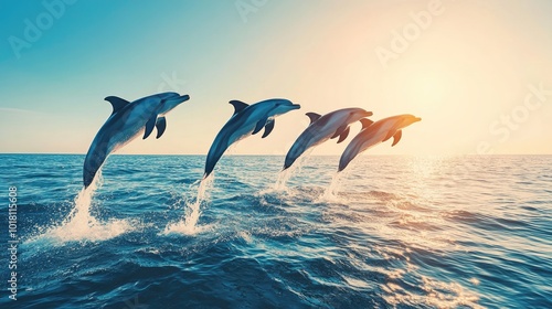 A pod of dolphins leaping out of the ocean in unison against a backdrop of a clear blue sky, capturing their playful nature.