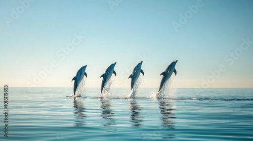 A pod of dolphins leaping out of the ocean in unison against a backdrop of a clear blue sky, capturing their playful nature.