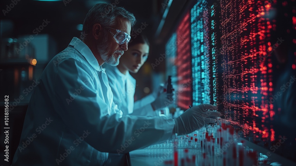 Scientists conducting CRISPR research in a modern laboratory during evening hours Scientists conducting CRISPR research in a modern laboratory during evening hours