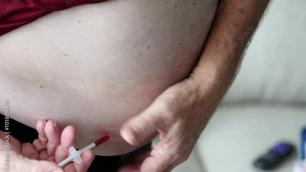 Man preparing to inject diabetes or weight management medication into his abdomen using a syringe, focusing on the injection process and hand placement. Man preparing to inject diabetes or weight management medication into his abdomen using a syringe, focusing on the injection process and hand placement.