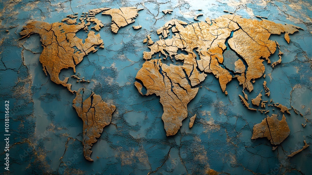 A cracked world map showing fractures along the borders of countries, illustrating the disruption of trade routes and rising global tensions, highlighting the theme of broken international relations A cracked world map showing fractures along the borders of countries, illustrating the disruption of trade routes and rising global tensions, highlighting the theme of broken international relations