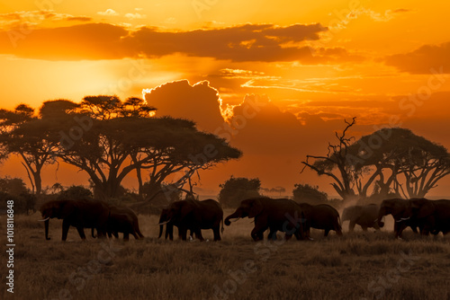 A herd of elephants in the dusty sunset of Amboseli National Park, Kenya