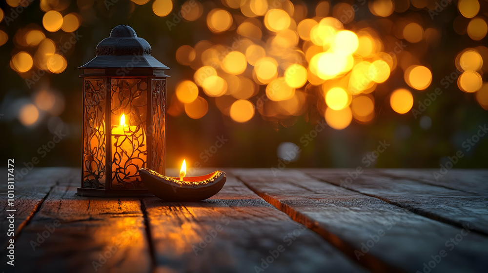 A serene lantern and oil lamp glowing against a bokeh backdrop. A serene lantern and oil lamp glowing against a bokeh backdrop.