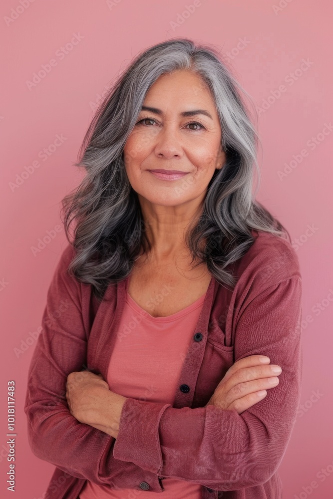 Fototapeta premium Confident Mature Woman with Gray Hair and Pink Attire on Pink Background