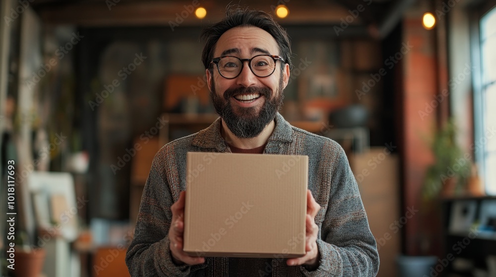 Happy man holding box. Happy man holding box.