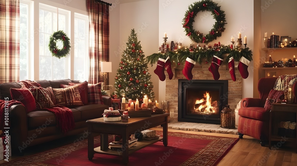 Fototapeta premium A warm and inviting living room showcasing traditional red and green Christmas decorations, including garlands, wreaths, and a glowing fireplace, creating a festive atmosphere in a realistic 