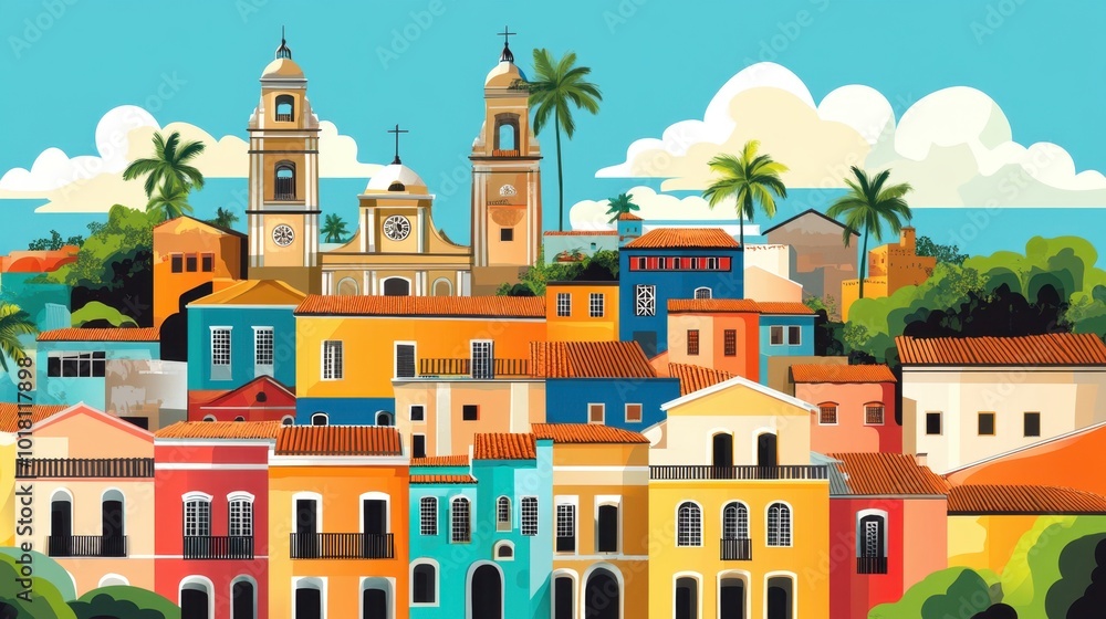 Flat Illustration of Salvador with Afro-Brazilian Heritage and Vibrant Street Life