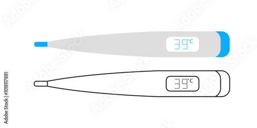 Illustration of two digital thermometers displaying a temperature reading of 39 degrees Celsius in a simple, modern design