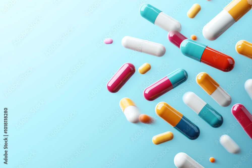 Image of various colorful pills and capsules scattered on a light blue background, representing medication, pharmaceuticals, and healthcare. Image of various colorful pills and capsules scattered on a light blue background, representing medication, pharmaceuticals, and healthcare.