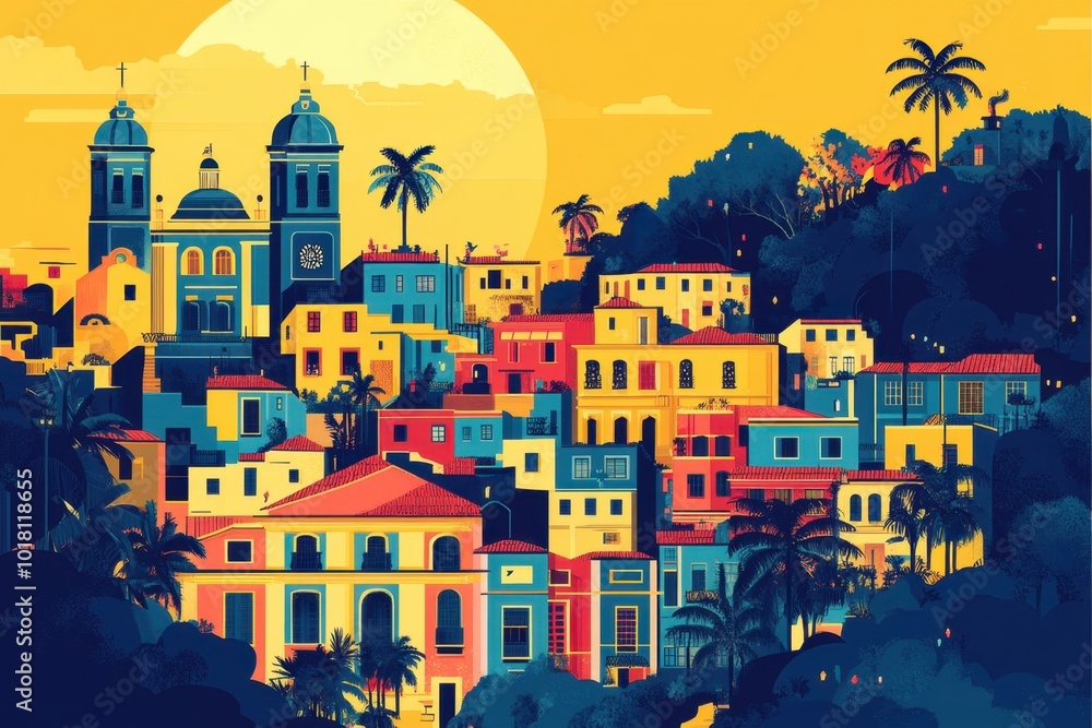 Flat Illustration of Olinda with Baroque Architecture and Carnival Spirit