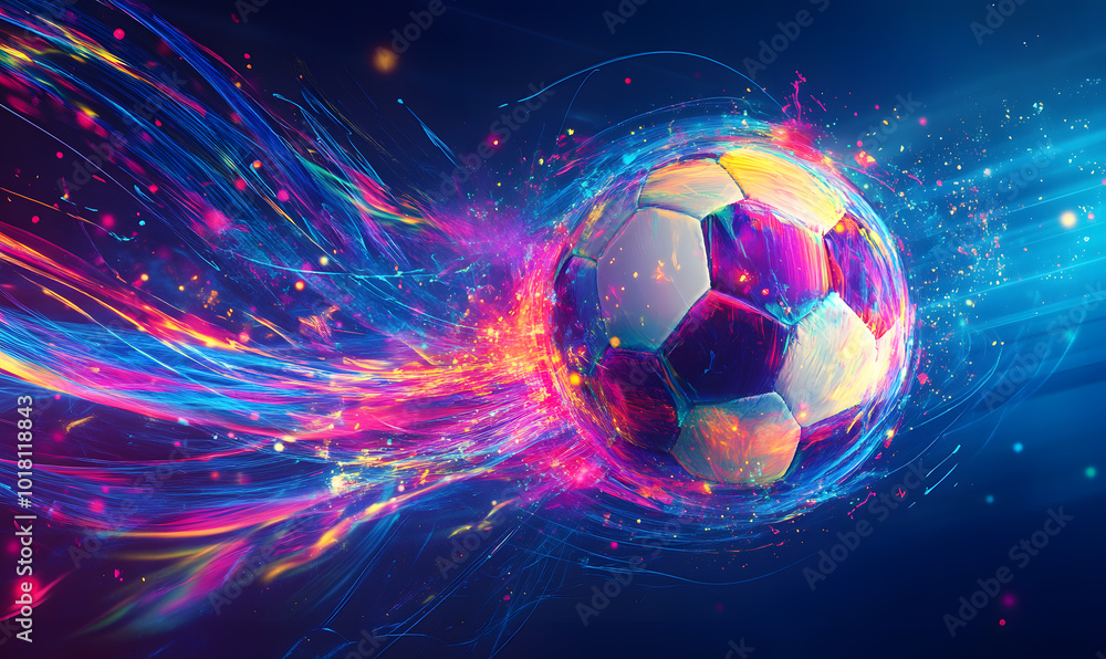 Fototapeta premium Dynamic Neon Football Action with Futuristic Geometric Patterns and Vibrant Light Trails for High-Energy Sports Advertising Backgrounds