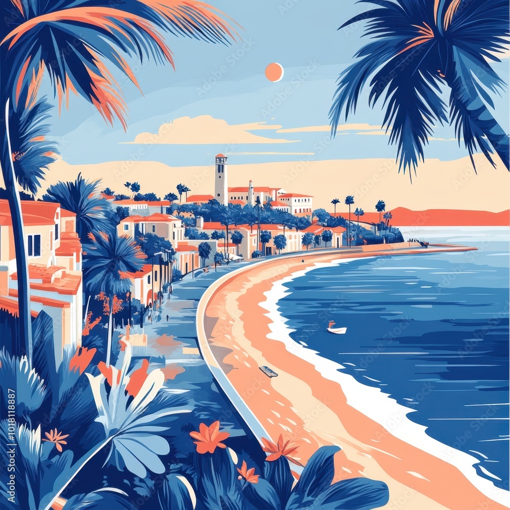 Flat Illustration of San Diego with Beachfront Promenades and Naval Heritage