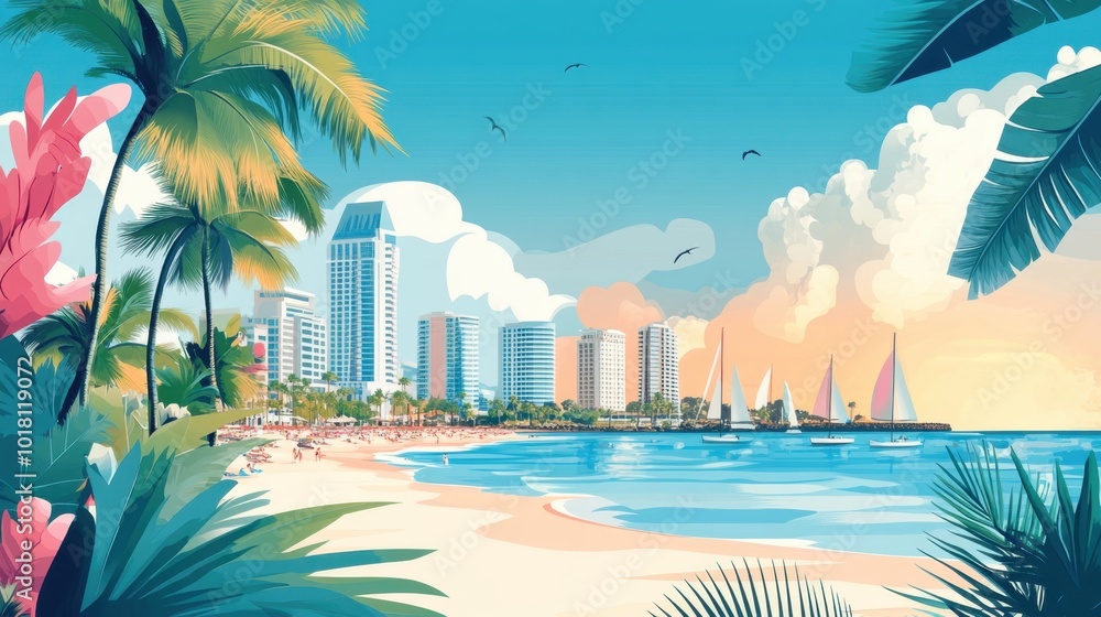 Flat Illustration of San Diego with Beachfront Promenades and Naval Heritage