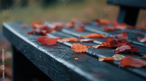 Autumn leaves scattered on a wooden bench photo