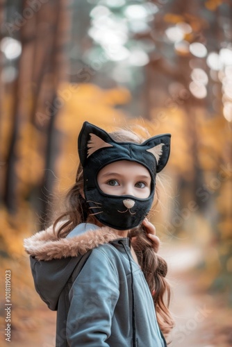 Child in Cat Mask Enjoying Autumn Sunshine