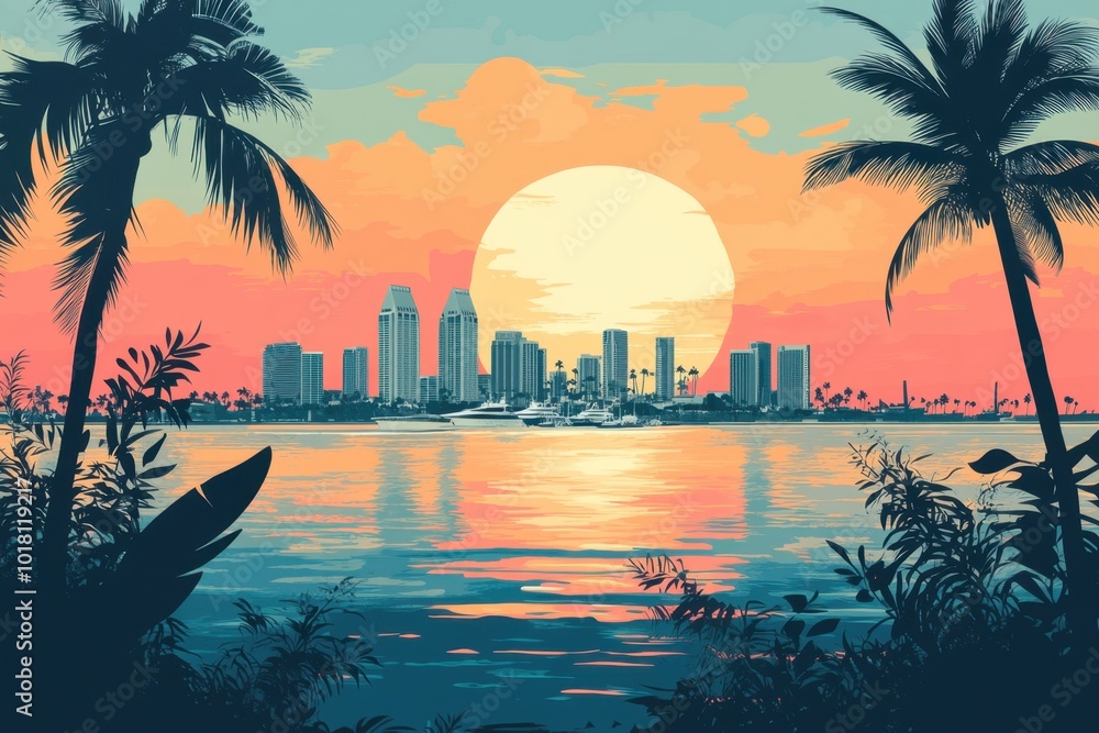 Flat Illustration of San Diego with Beachfront Promenades and Naval Heritage