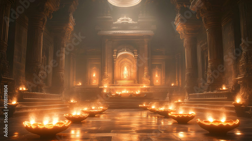 A serene temple interior illuminated by glowing oil lamps.