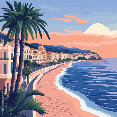 Flat Illustration of Nice with Riviera Palette and Iconic Promenade

