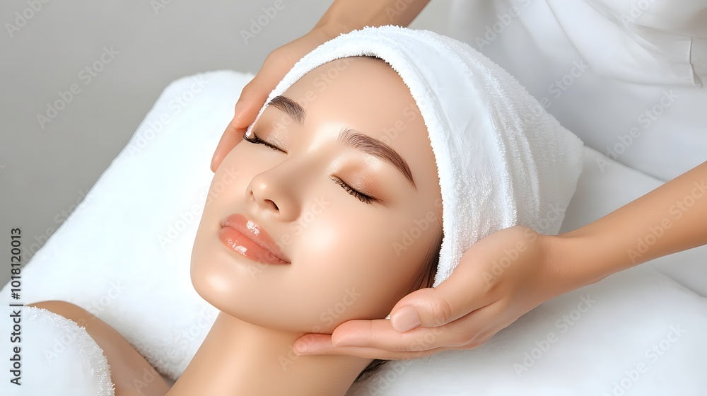 A woman enjoys a relaxing facial treatment, her eyes closed, while a therapist gently massages her face, highlighting tranquility and skincare. A woman enjoys a relaxing facial treatment, her eyes closed, while a therapist gently massages her face, highlighting tranquility and skincare.