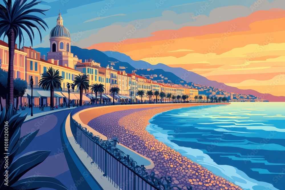 Fototapeta premium Flat Illustration of Nice with Riviera Palette and Iconic Promenade