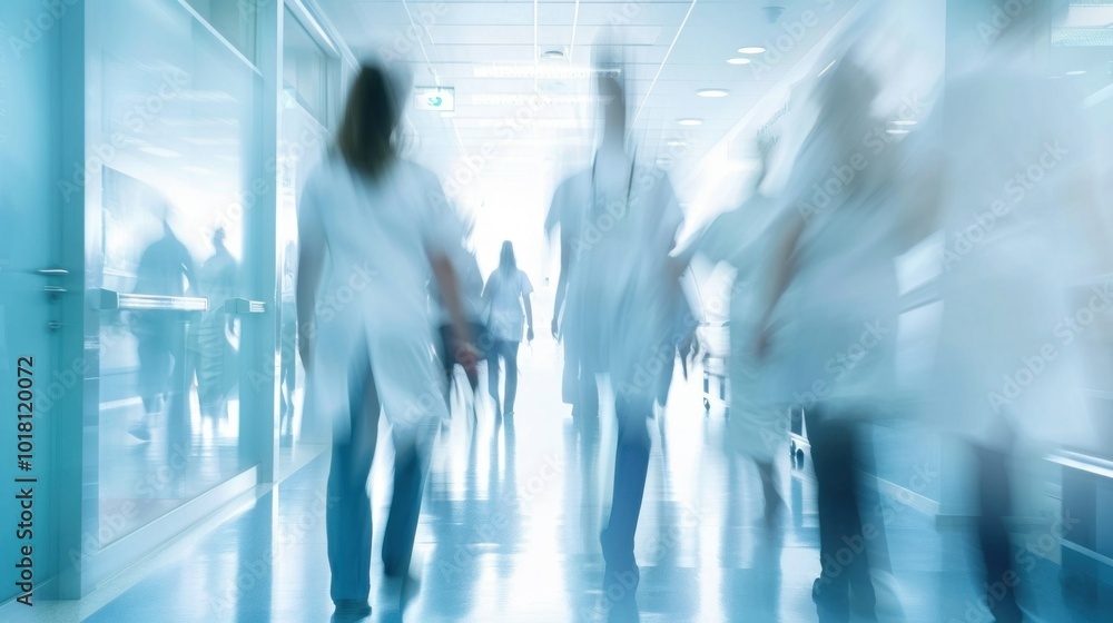 Doctors or nurses walking in hospital hallway, blurred motion Doctors or nurses walking in hospital hallway, blurred motion