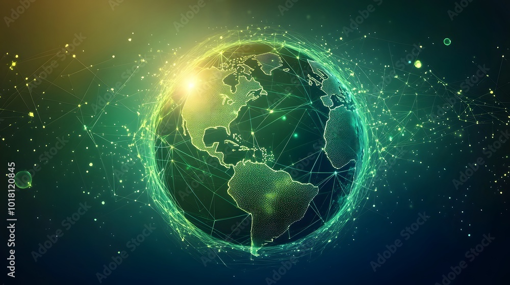 
Map of the planet. Global social network. Future. Vector.Green futuristic background with planet Earth. Internet and technology. Floating Green plexus geometric background.