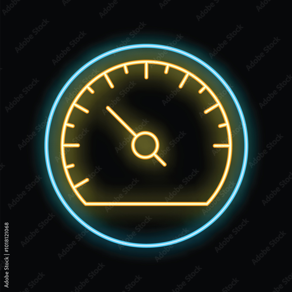 Neon icon of speedometer showing increasing speed with blue and yellow glowing lines on black background Neon icon of speedometer showing increasing speed with blue and yellow glowing lines on black background