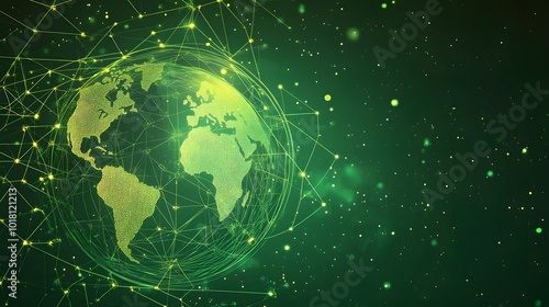  Map of the planet. Global social network. Future. Vector.Green futuristic background with planet Earth. Internet and technology. Floating Green plexus geometric background.