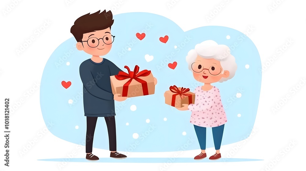 A young person gifts a beautifully wrapped present to an elderly woman, surrounded by hearts in a cheerful, colorful setting. A young person gifts a beautifully wrapped present to an elderly woman, surrounded by hearts in a cheerful, colorful setting.