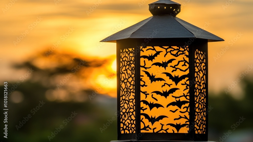 Silhouette of bats in a lantern against a sunset. Silhouette of bats in a lantern against a sunset.