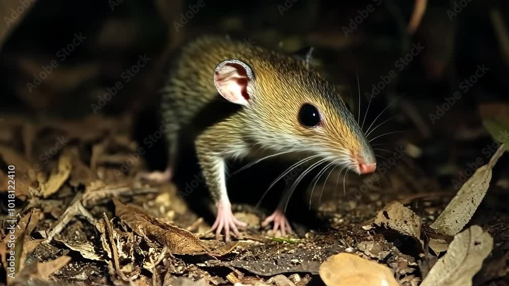 A small mammal with a pointed snout and large eyes, surrounded by leaves in a dark setting. A small mammal with a pointed snout and large eyes, surrounded by leaves in a dark setting.