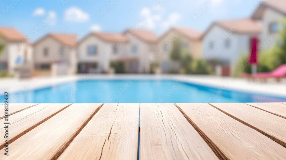 Fototapeta premium A sunny poolside scene with a wooden deck, featuring a clear pool and residential homes in the background, creating a relaxed atmosphere.