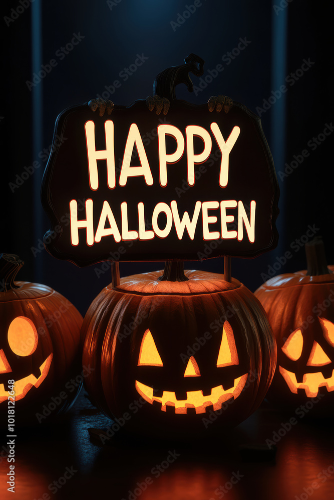 White Happy Halloween Text on Pumpkins White Happy Halloween Text on Pumpkins