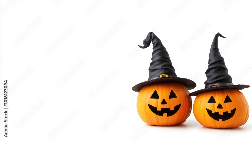 Halloween pumpkins with witch hats, smiling faces Halloween pumpkins with witch hats, smiling faces