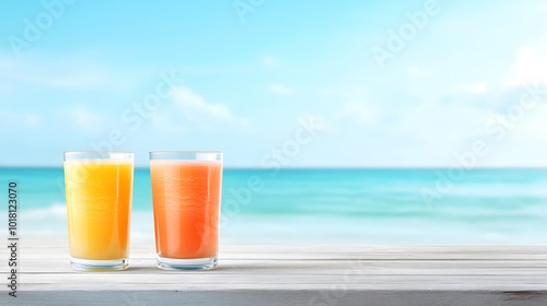 Two refreshing drinks in clear glasses sit on a wooden table by a tranquil beach, under a bright blue sky.