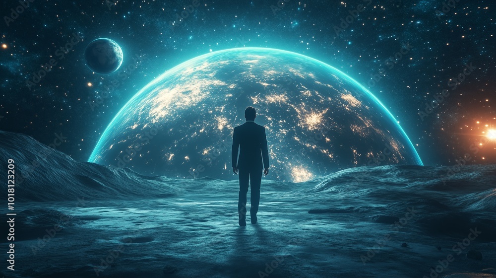 Businessman standing on alien landscape with glowing planet in the background Businessman standing on alien landscape with glowing planet in the background