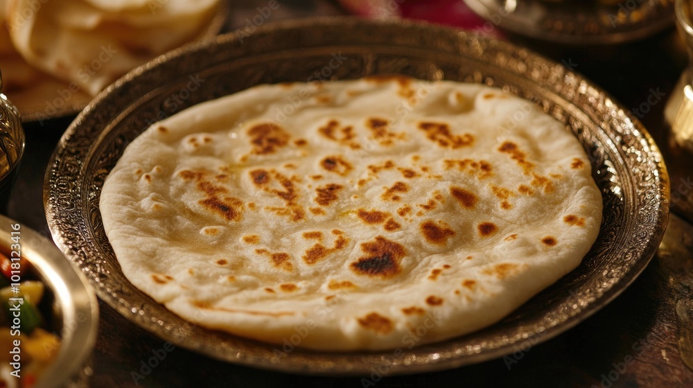 Detailed shot of a roti with a perfectly golden surface, placed on a traditional Indian serving dish with a side of pickles Detailed shot of a roti with a perfectly golden surface, placed on a traditional Indian serving dish with a side of pickles