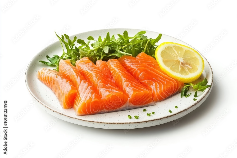 Restaurant Starter Menu with Slightly Salted Salmon Fillet Isolated on White Background. Thin Slices of Red Fish or Trout with Lemon and Greens on Elegant Flat Plate Close Up - generative ai Restaurant Starter Menu with Slightly Salted Salmon Fillet Isolated on White Background. Thin Slices of Red Fish or Trout with Lemon and Greens on Elegant Flat Plate Close Up - generative ai