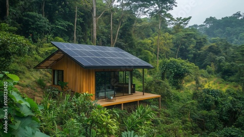 Modern wooden cabin with solar panels in the rainforest