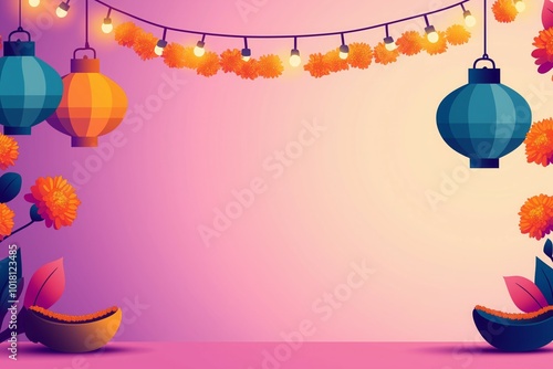 Decorative Diwali Lanterns with Bright Marigold Garlands and Soft Glowing Festival Lights