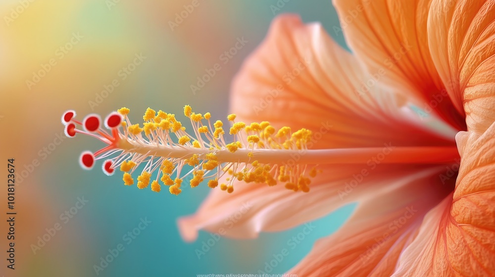 Fototapeta premium Detailed shot of a vibrant hibiscus flower, focusing on the intricate stamen and petal texture
