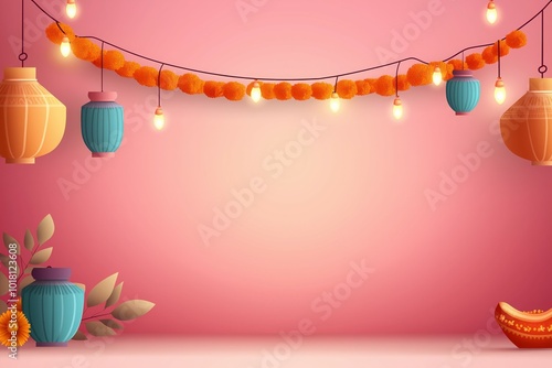 Bright and Festive Diwali Background with Lanterns, Marigold Garlands, and Glowing Lights